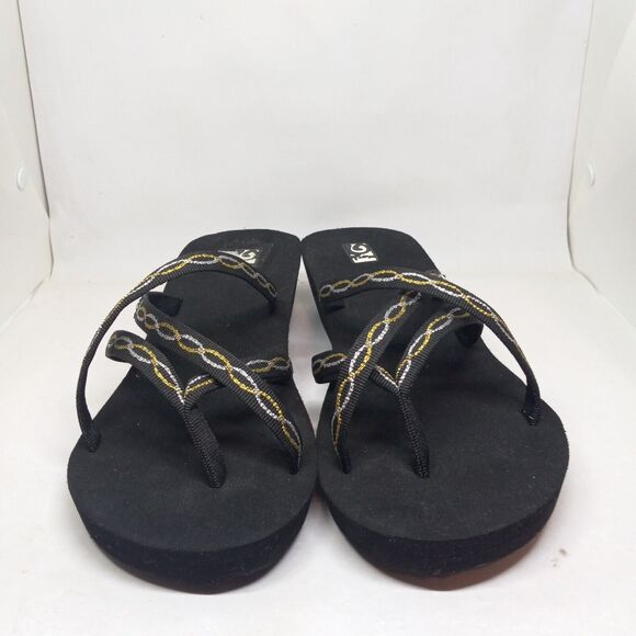 Teva Size 11 Mush Mandalyn Ola 2 Wedge Sandal-Strappy Thong-Gold/Black-Comfort - Picture 2 of 8